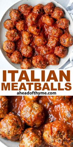 italian meatballs with marinara sauce in a white bowl and on a plate next to another dish