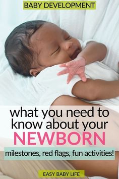 a baby laying on top of a bed next to a white sheet with the words, what you need to know about your newborn newborn newborn