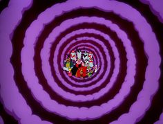 an image of the inside of a purple and black circular object with people in it