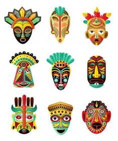 six colorful masks with different designs and colors on white background royalty photo - free image