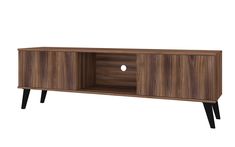 the sideboard is made out of wood and has two black legs on each side