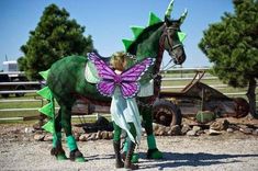 a woman dressed in green and purple stands next to a horse with a butterfly on its back