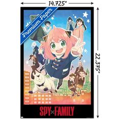 the poster for spy - e family is shown in front of a cityscape