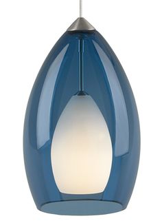 a blue and white light hanging from a ceiling fixture with an oval shaped glass shade