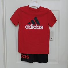 New With Tags, Boys 2pc Adidas Shirt And Shorts Outfit In A Size 7. Sporty Red Sets For Spring, Casual Red Cotton Sets, Casual Adidas Sets For Spring, Red Sports Sets For Spring, Adidas Casual Sportswear Sets, Adidas Casual Tops For Playwear, Casual Adidas Tops For Playwear, Red Cotton Sports Set, Red And Black Adidas Long Sleeve Shirt