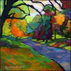 an oil painting of a road in the fall with trees and grass on either side