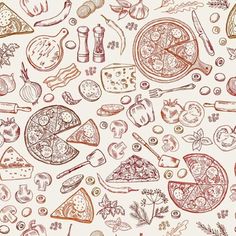 a bunch of different types of food on a white background with red and orange ink