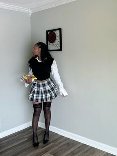 Plaid Skirt Outfit Black Women, Tartan Mini Skirt Outfit, Black And White Plaid Skirt Outfit, Uk Outfits, Main Aesthetic, Fire Outfits, Shaved Hairstyles, Smart Casual Women Outfits, Vest Outfits For Women