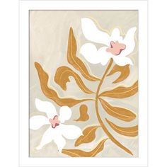 an art print with white flowers and gold leaves on a beige background, framed in wood frame