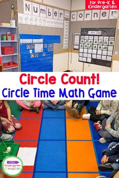 a group of kids sitting on the floor in front of a number line game with words that read circle count