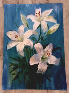 a painting of white flowers on a blue background