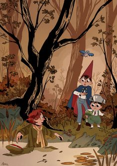 an image of children in the woods with gnomes and birds flying around them on a sunny day