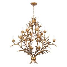 a gold chandelier with flowers hanging from it's center point and four lights on each side