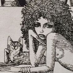 a drawing of a woman with a cat in her lap, and two other women behind her