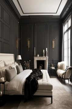 Bedroom with architectural details in black and grey. Black And Grey Walls Bedroom, Black Monochromatic Bedroom, Grey Master Bedrooms Decor Modern, Basement Bedroom Suite, Bedrooms With Paneling, Black Paneling Bedroom, Dark Gray And White Bedroom, Moody Apartment Bedroom, Black Elegant Bedroom