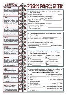 the present perfect simple worksheet is shown in red and black, with an image of