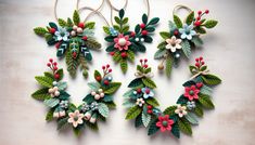 four christmas wreaths made out of felt flowers and leaves