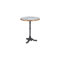 a round marble top table with black metal legs and an iron base, against a white background