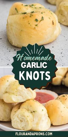 homemade garlic knots on a plate with ketchup in the middle and another photo behind it