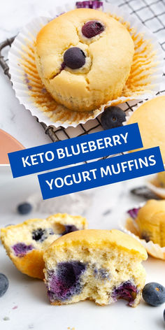 Two photo collage showing keto blueberry muffins on a white table. Keto Blueberry Recipes, Keto Bakes, Blueberry Muffins Easy, Keto Baked Goods, Breakfast Ideas Keto, Low Carb Blueberry Muffins, Low Carb Blueberry, Keto Brood, Blueberry Yogurt Muffins