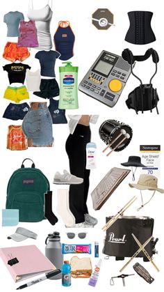 an assortment of clothing and accessories are arranged in the shape of a collage on white paper