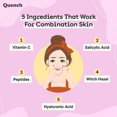 If you notice two or more different textures on your face, it is a sign that you have combination skin 🙋‍♀️ These ingredients work best on combination skin to get that glowing skin 😊 Save this pin & tag a friend who needs to know this too ✌ . . . Visit the link in the bio to check out our #MadeInKorea skincare babies now 🌸 . #QuenchBotanics #MadeInKorea #SimplifiedSkincare #SkincareLove #SelfLove #GoodforSkin #SkincareRoutine #SkinCare #HealthySkin #KoreanSkincare Clear Skin Tips, Skin Issues, Skin Tips, Different Textures