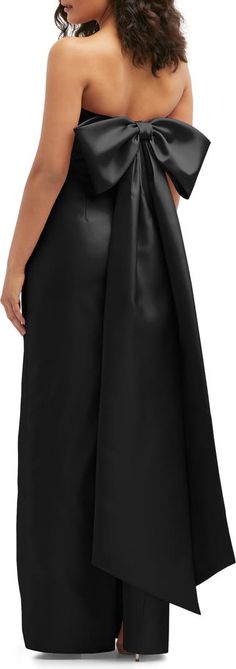 Alfred Sung Strapless Bow Back Satin Column Gown | Nordstrom Strapless Bow Dress, Prom Dress With Bow On Back, Black Strapless Dress With Bow, Prom Dresses With Bows, Black Tie Wedding Bridesmaid Dress, Bow Bridesmaid Dress, Bow Prom Dress, Strapless Bridesmaid Dresses, Satin Bow Dress