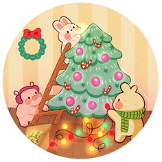 an image of a christmas tree with animals around it