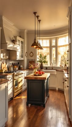 a kitchen with an island in the middle of it and lots of counter top space