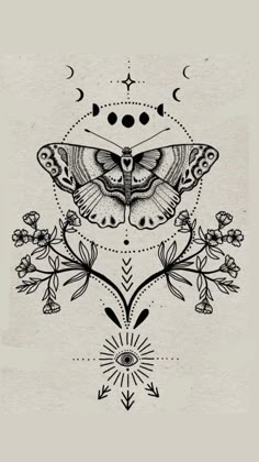 a black and white drawing of a moth on a beige background with stars, flowers and arrows