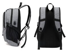 a gray and black backpack sitting on top of a white floor next to another bag