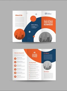 an orange and blue business brochure with circles on the front, inside and outside