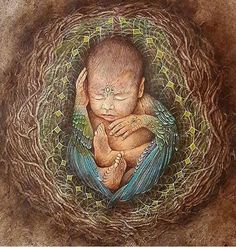 a painting of a baby in a nest with its hands on his head and eyes closed