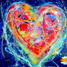 an abstract painting of a heart on a blue background