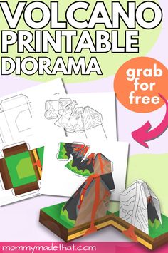 the volcano printable diorama for kids is shown with instructions to make it