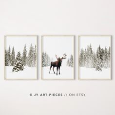 three paintings of deer in the snow with pine trees on either side, one is black and white