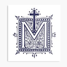 the letter m is made up of ornate designs and crosses on it's sides