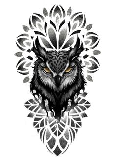 an owl with yellow eyes sitting on top of a white flower design in black and grey