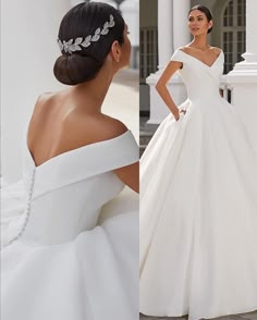 a woman in a white wedding dress standing next to a wall and wearing a tiara