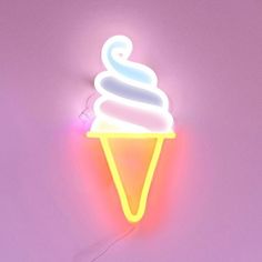 an ice cream cone neon sign on a purple wall with a white light underneath it