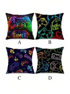 three pillows with different designs on them, one has a video game controller and the other has