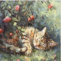 a painting of a cat sleeping in the grass