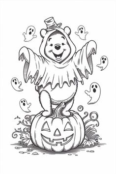 winnie the pooh is sitting on top of a pumpkin with ghost faces around it