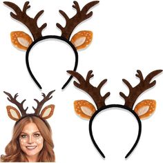 two reindeer headbands with antlers on them