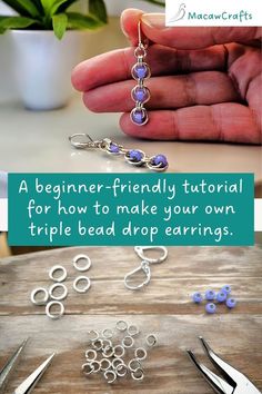 the instructions for how to make bead drop earrings are displayed on a table with scissors