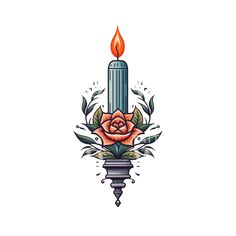 a candle with roses and leaves on it, in the shape of a tattoo design