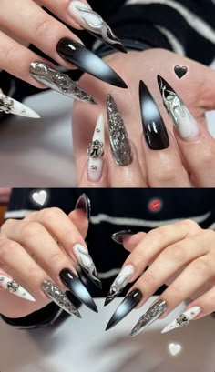 White And Black Nails, Beginner Nail Tech, Black White Nails, Punk Nails, Edgy Jewelry, New Nail Designs