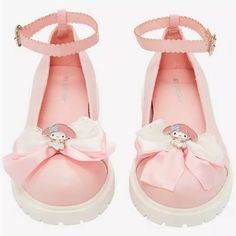 My Melody Edition Adorable Mary Jane Shoes They're Decorated With Pastel And White Satin And Lace Bows On The Toe, Along With An Enamel Charm Of My Melody. The Ankle Strap Is Scalloped With A Heart-Shaped Buckle. Listed In Women's Sizes. -Polyurethane Upper; Rubber Sole -Imported -Officially Licensed My Melody Shoes, Sanrio Shoes, Pink My Melody, Ballet Shoes Flat, Kitty Aesthetic, Hello Kitty Shoes, Mary Janes Shoes, Sanrio Pink, Patent Boots