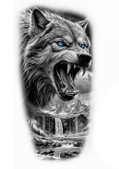 a wolf with blue eyes is shown in this tattoo design