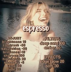 a woman laughing in front of a lake with the words espresso on it